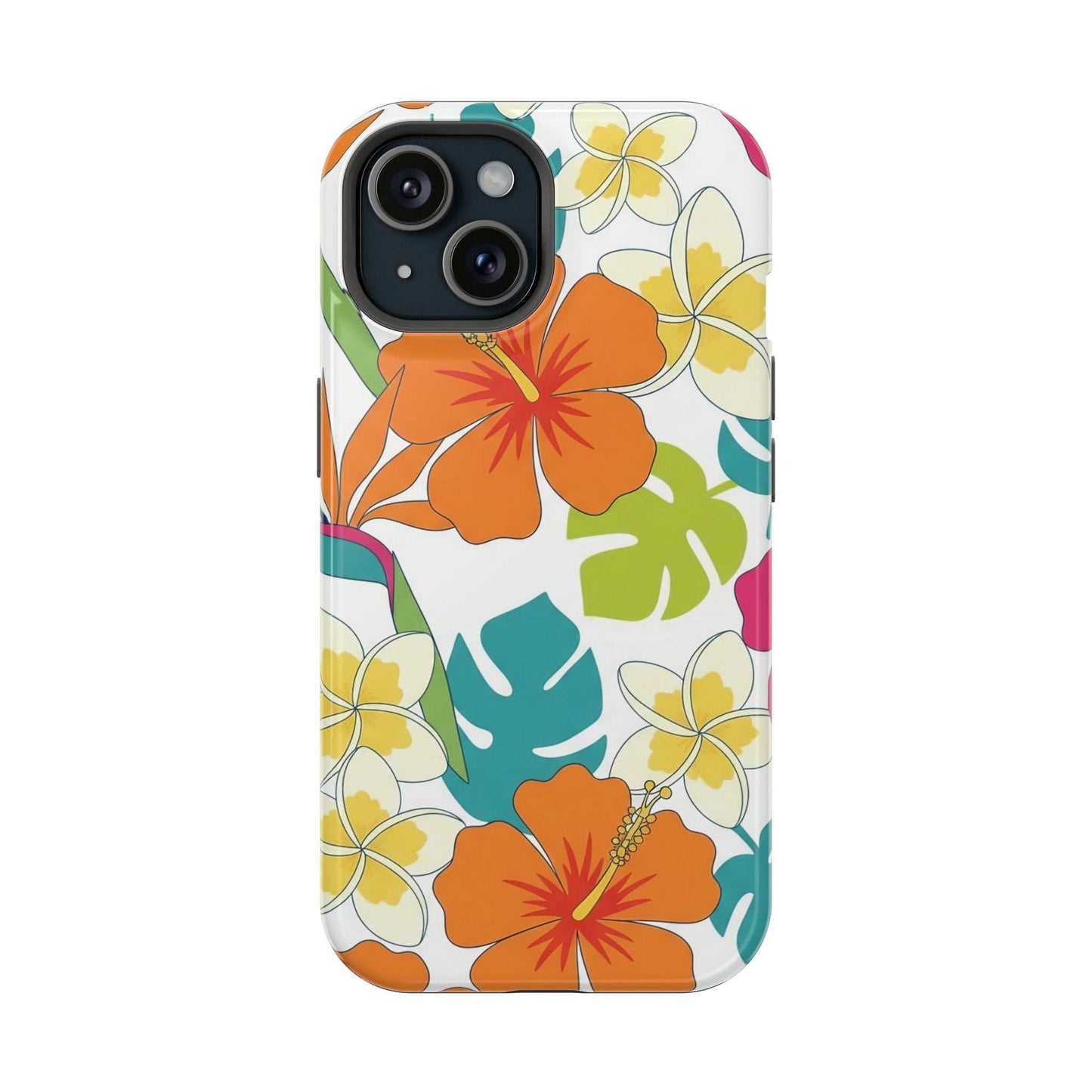 Colorful floral iPhone case with orange blooms and vibrant leaves, MagSafe compatible durable cover
