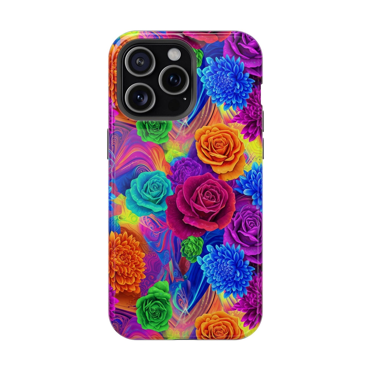 Colorful floral iPhone tough case with MagSafe compatibility and shock-absorbing protection