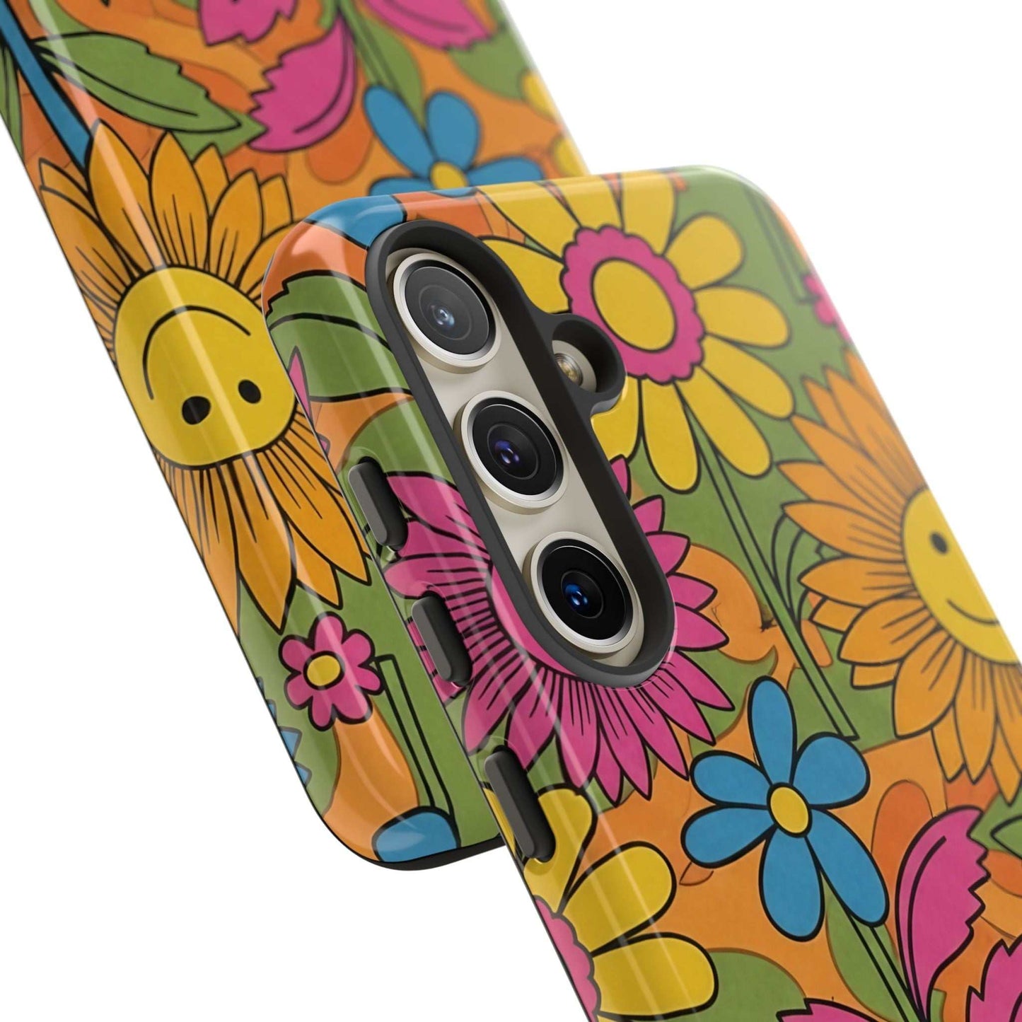 Samsung Phone Case with colorful retro flower power design and durable protective features