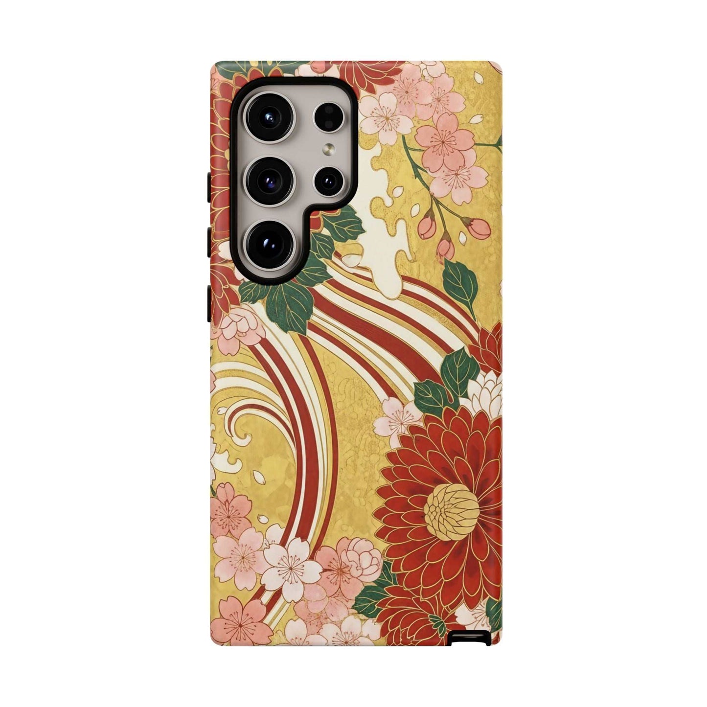 Samsung case with Japanese floral gold chrysanthemum design, durable and impact-resistant phone cover.
