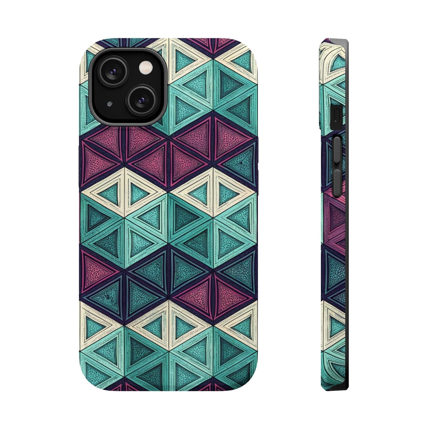 Purple and Teal Abstract geometric tough iPhone case with MagSafe compatibility and dual-layer protection