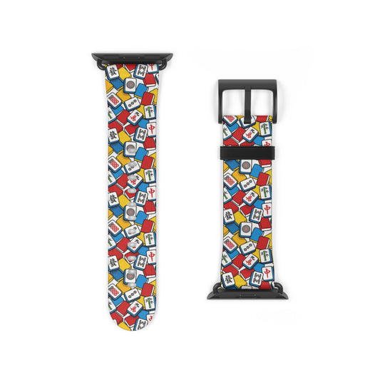 Vibrant Mahjong Apple Watch Band featuring colorful Mahjong tile pattern on faux leather with stainless steel buckle