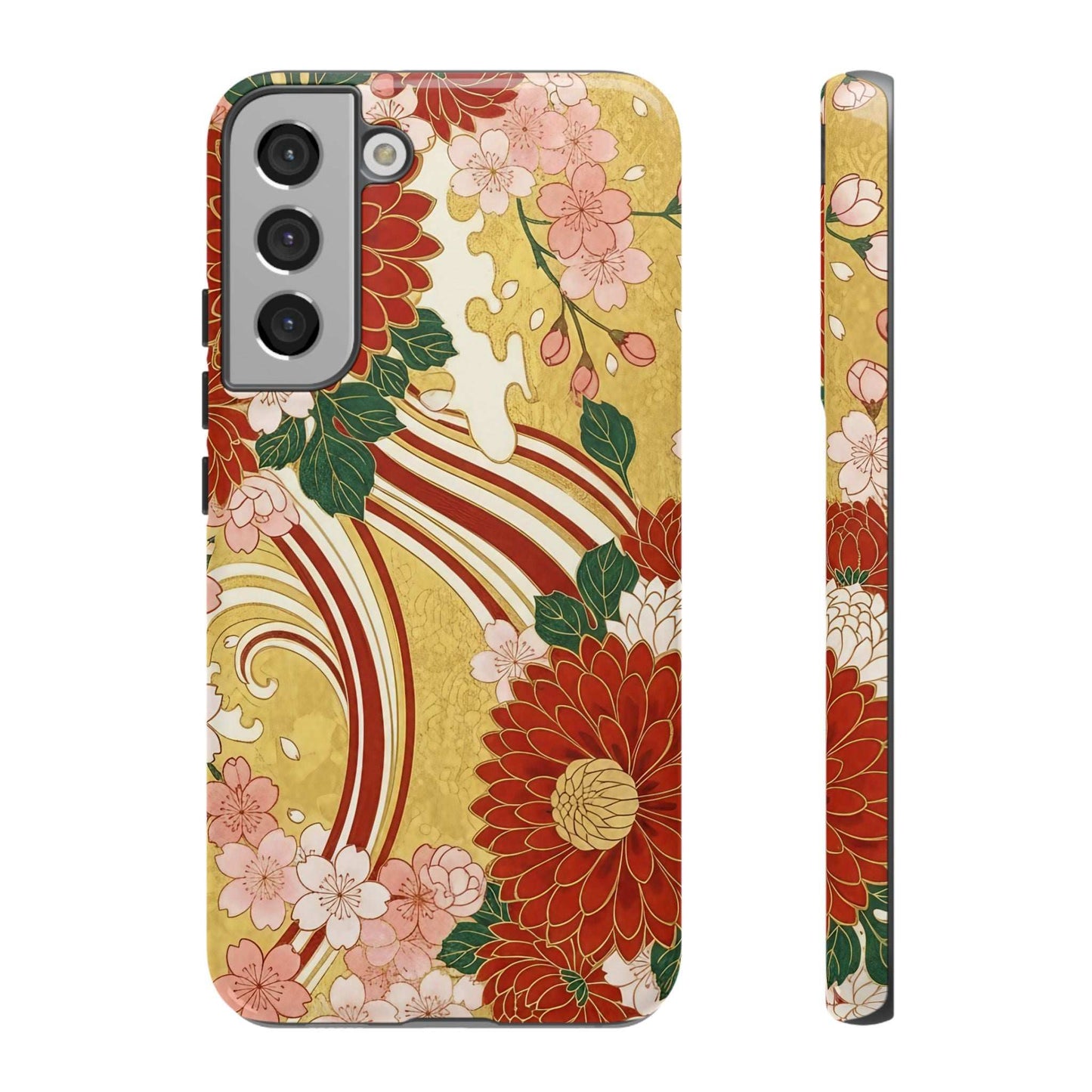 Samsung Case with Japanese floral gold chrysanthemum design, durable and impact-resistant phone protection.