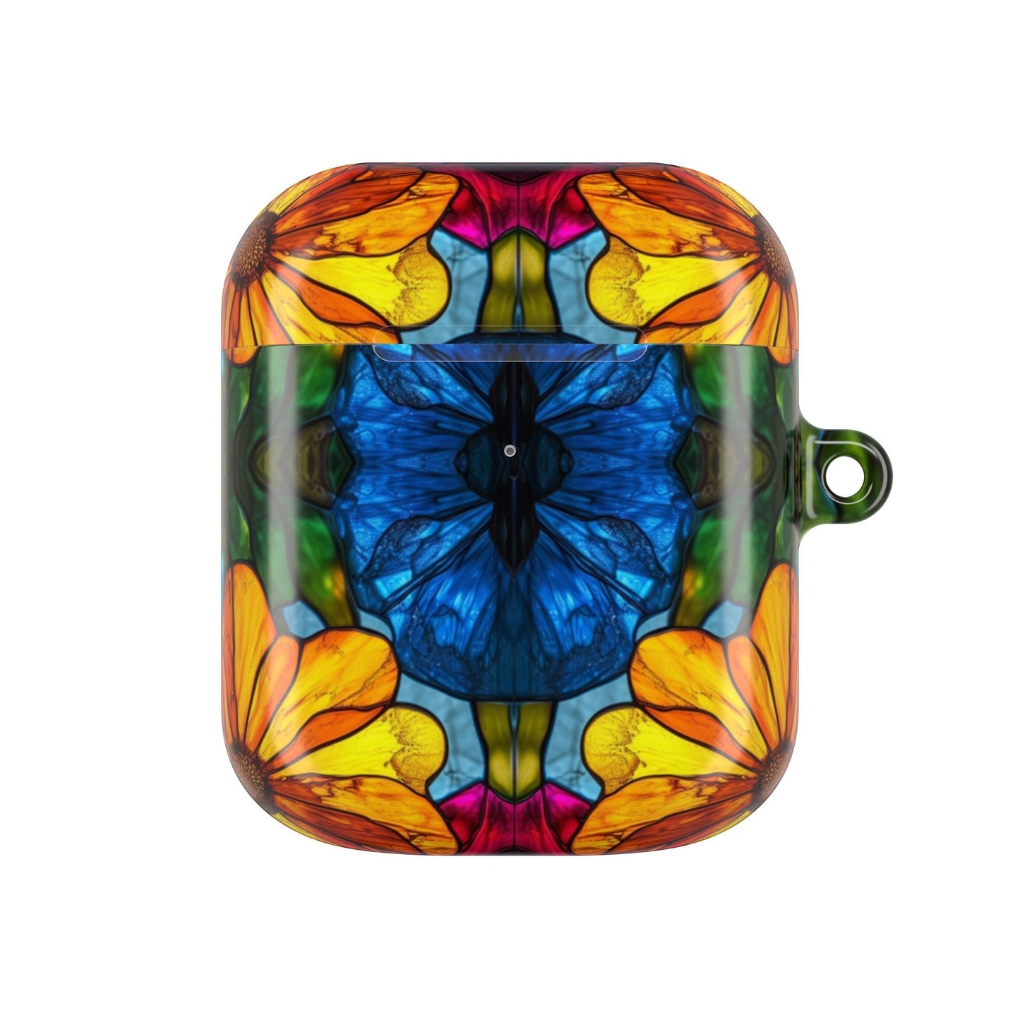 Floral AirPods Case with colorful yellow and blue flower design, impact and scratch resistant, lightweight with carabiner attachment for easy carrying