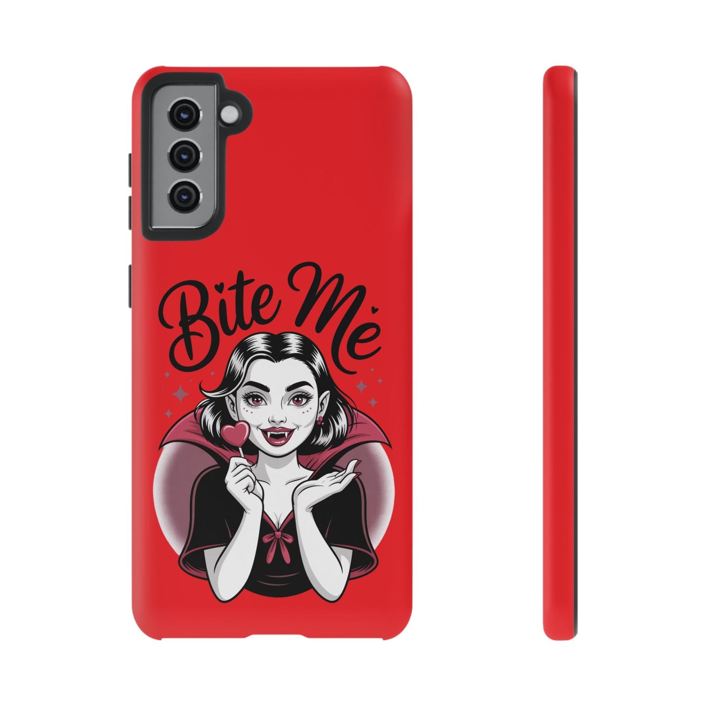 Red Samsung phone case with "Bite Me" vampire design and 3D print for Halloween style and protection