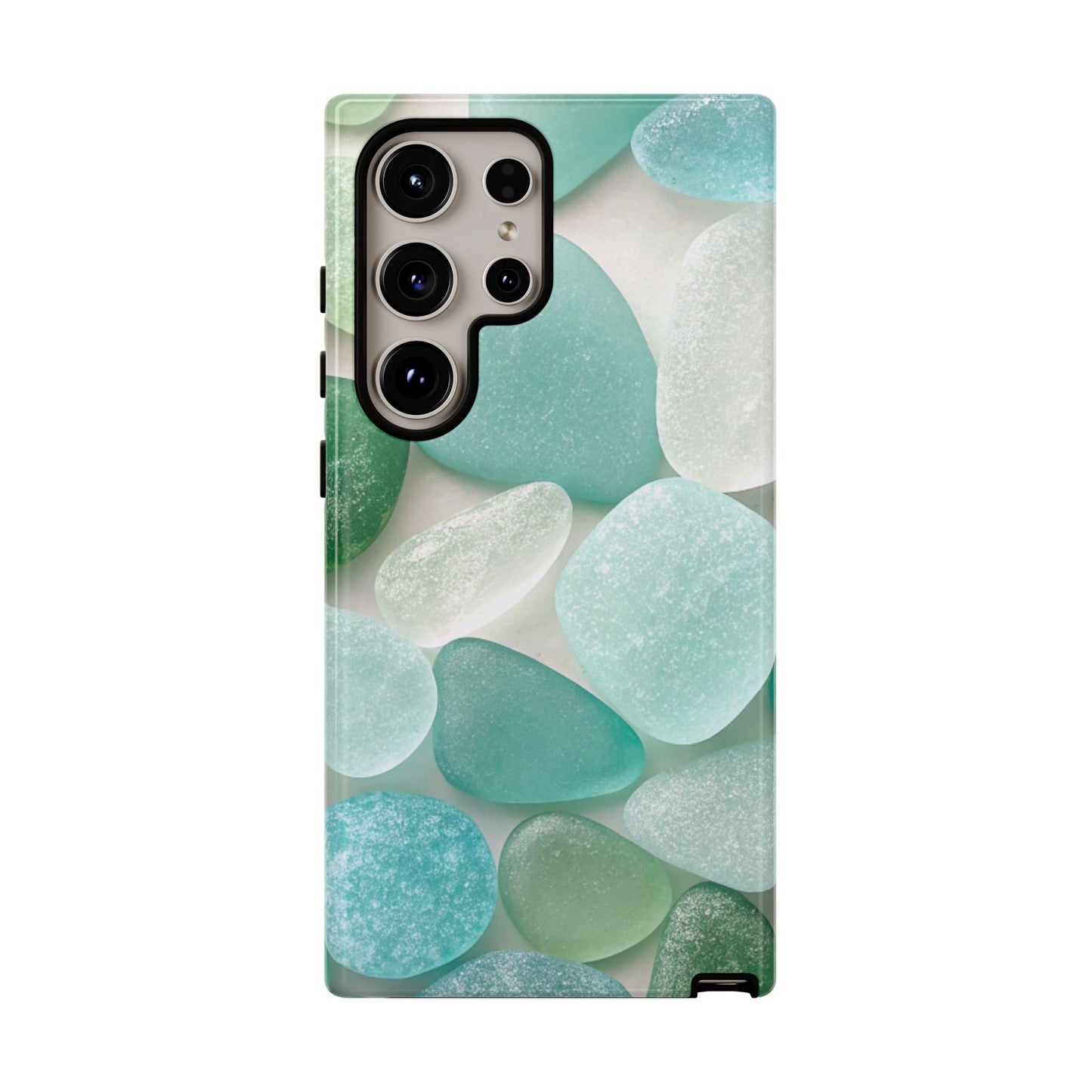 Samsung tough phone case with sea glass design in calming blue and green tones