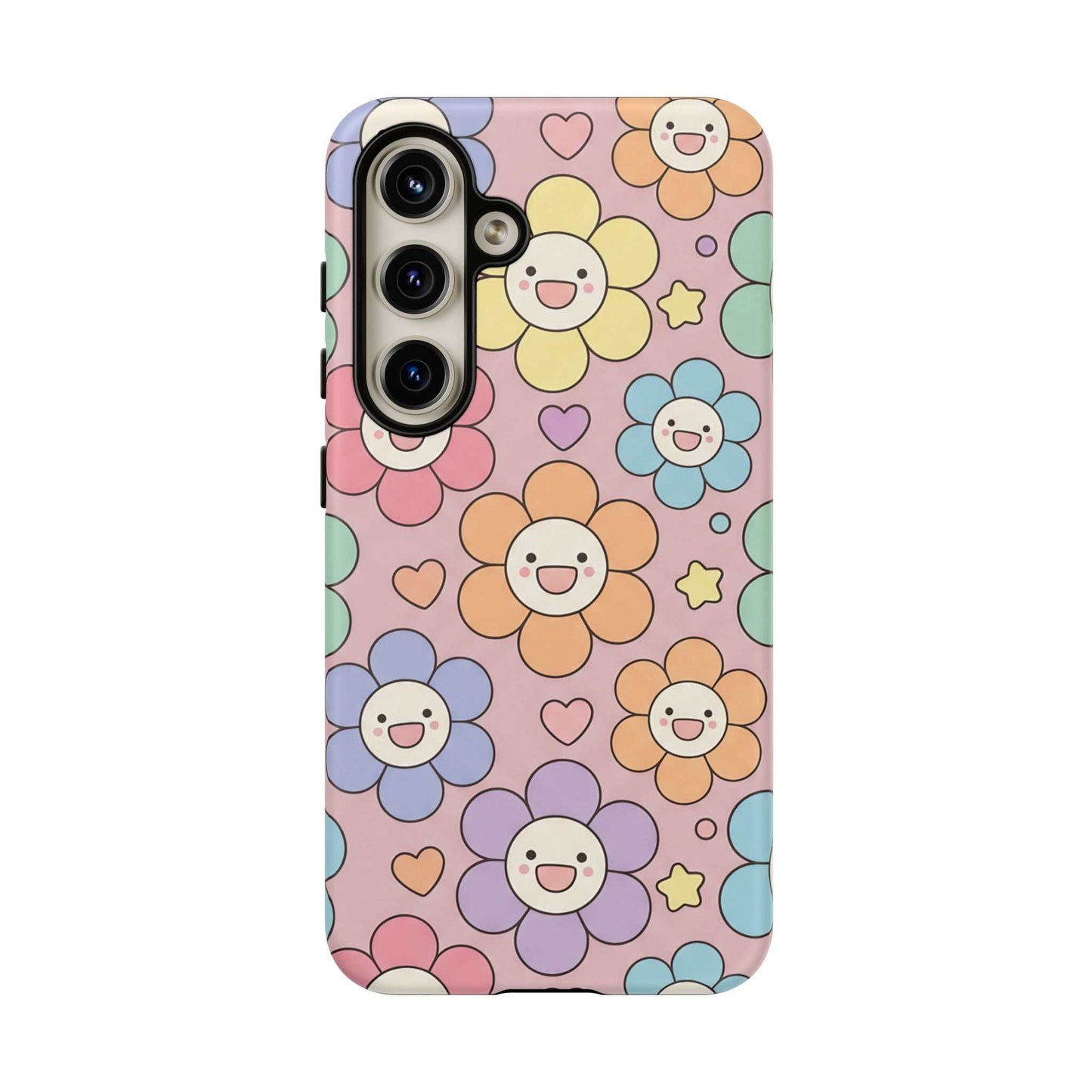 Happy Flower Samsung phone case with colorful smiling floral design and dual-layer protective build