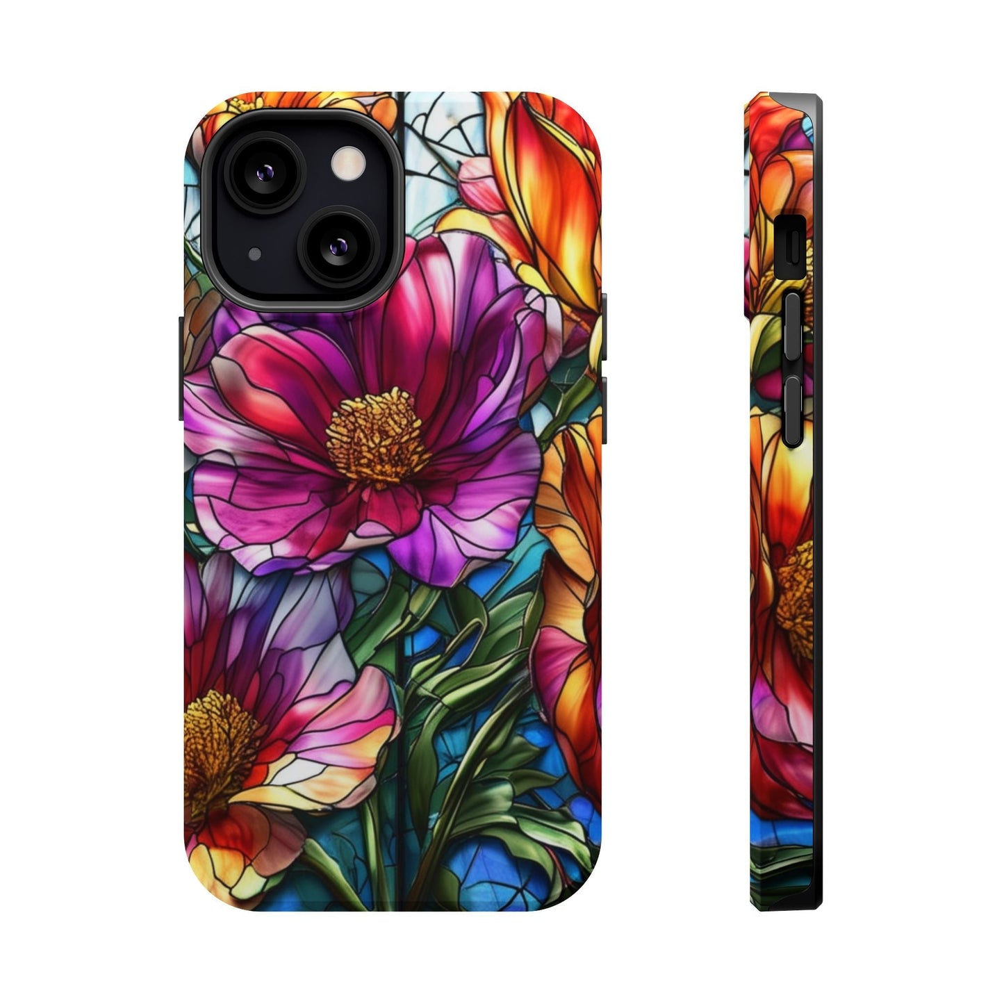 iPhone case with vibrant purple flower design, durable polycarbonate and TPU protection, MagSafe compatible phone cover