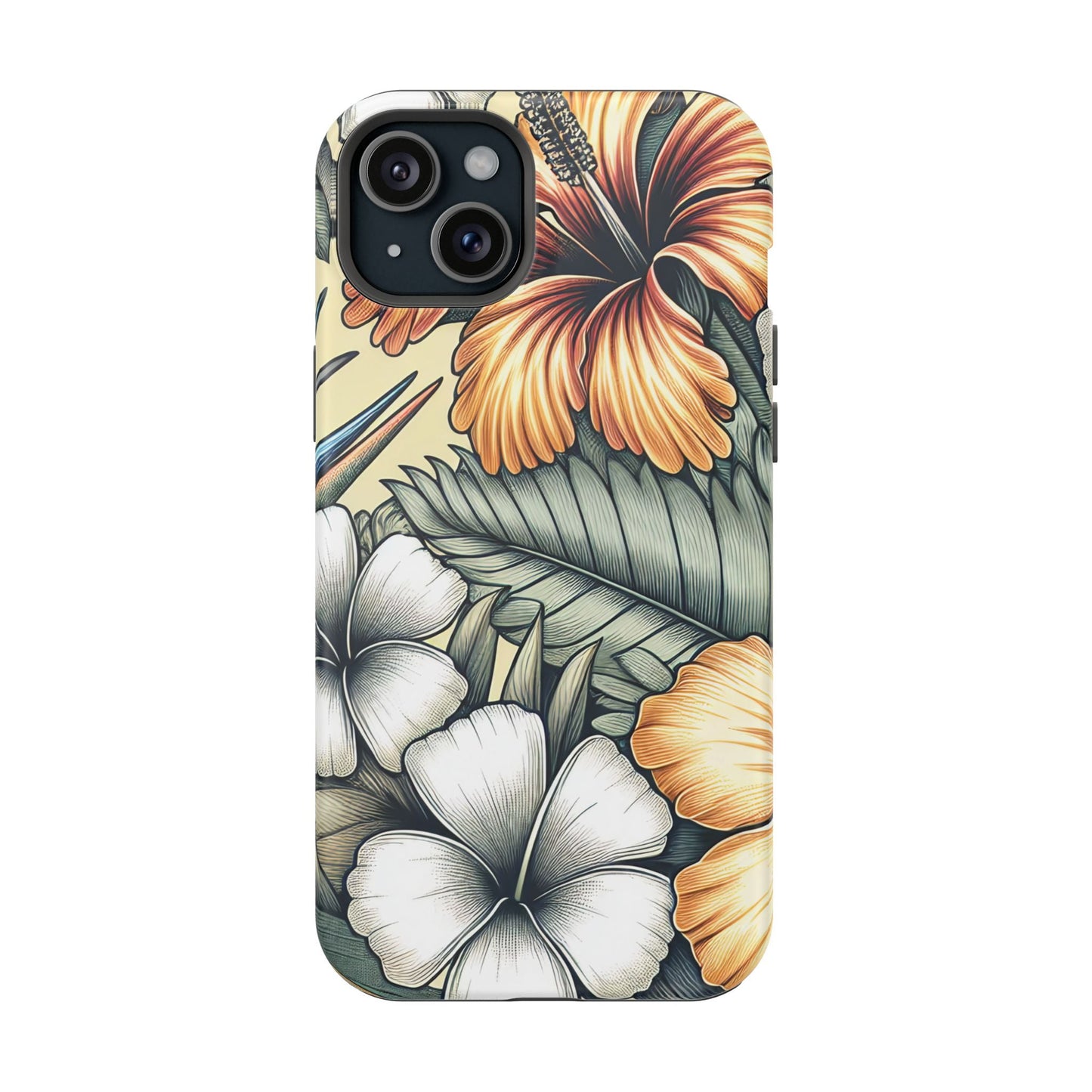Golden tropical floral iPhone tough case with durable dual-layer protection and MagSafe compatibility
