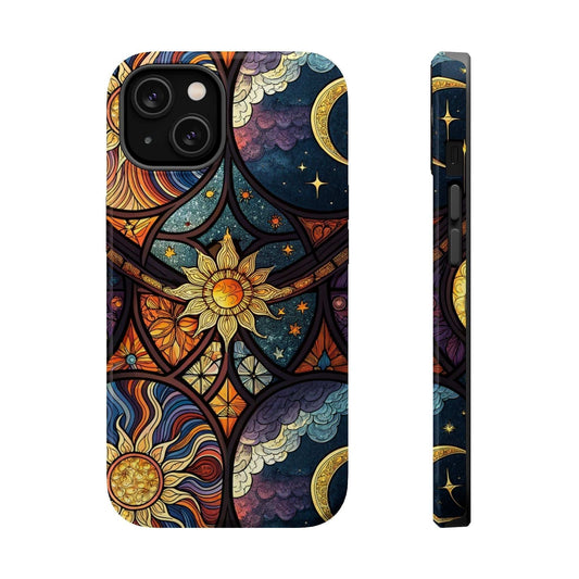 Sun and Moon iPhone Case with vibrant cosmic sun, moon, and stars design, durable dual-layer protection for iPhone 13 to 16 series