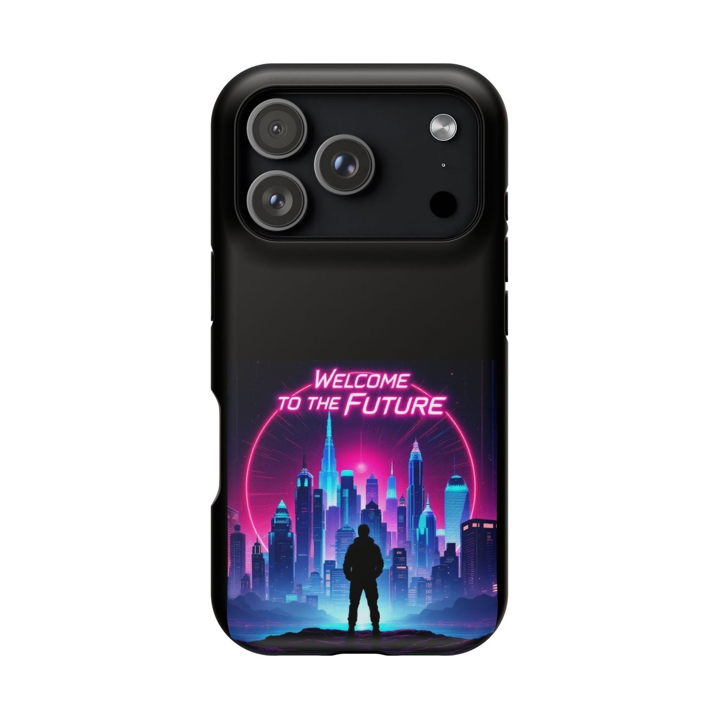 Futuristic Vibe iPhone Case with neon cityscape and "Welcome to the Future" text, durable MagSafe compatible protective cover