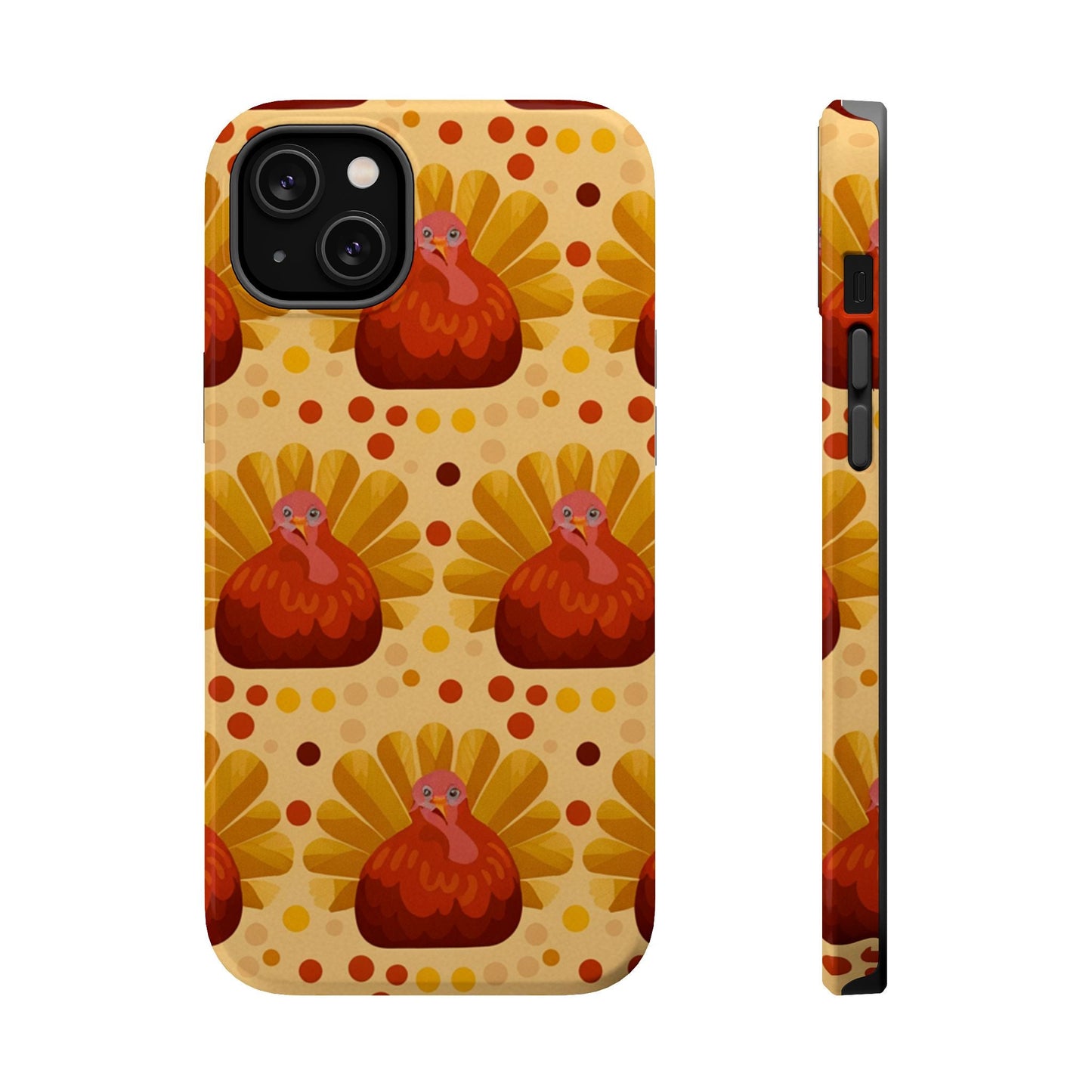 iPhone case with festive turkey pattern for Thanksgiving, durable dual-layer protection, glossy or matte finish, MagSafe compatible.