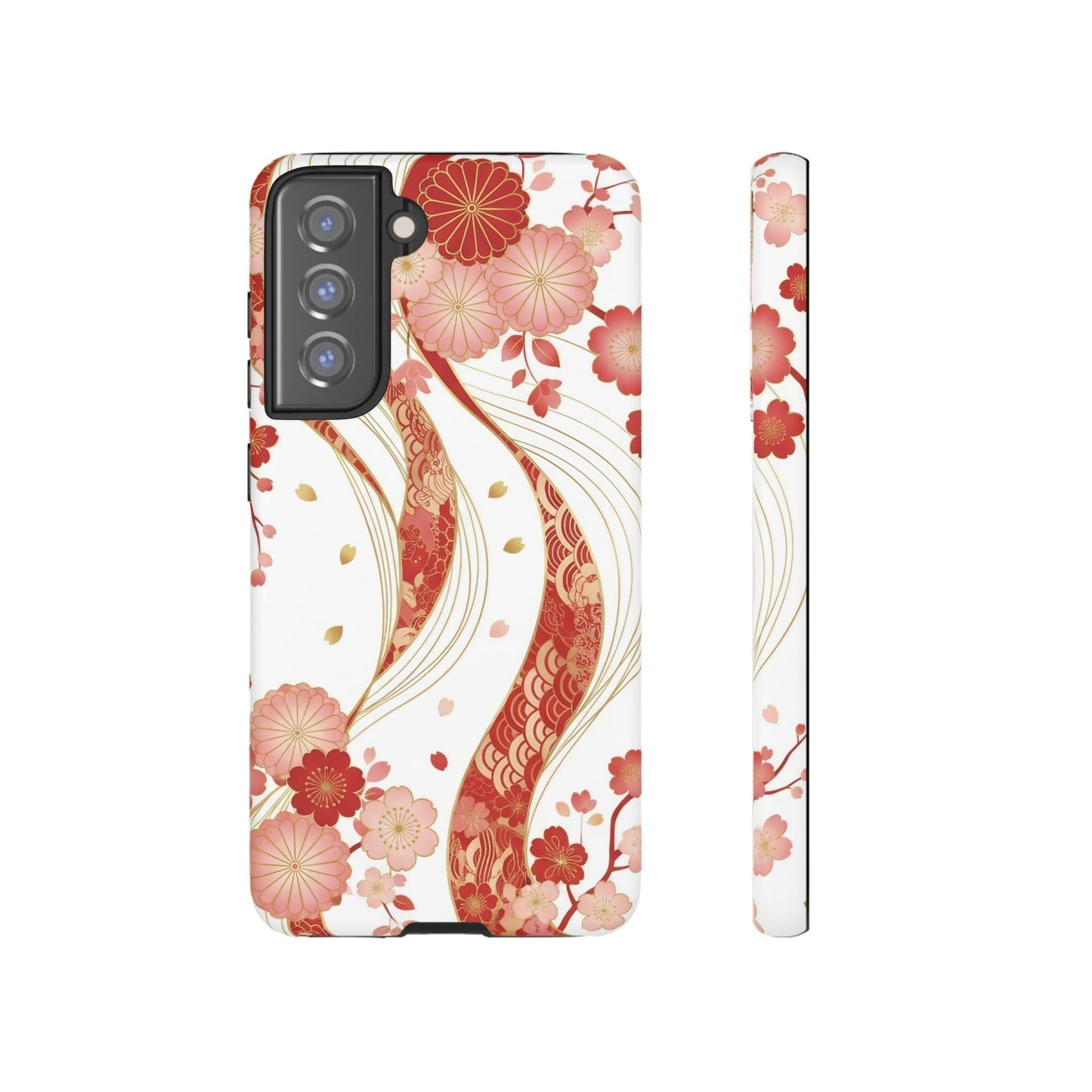 Red and golden floral Samsung phone case with elegant 3D wrap design and durable protection