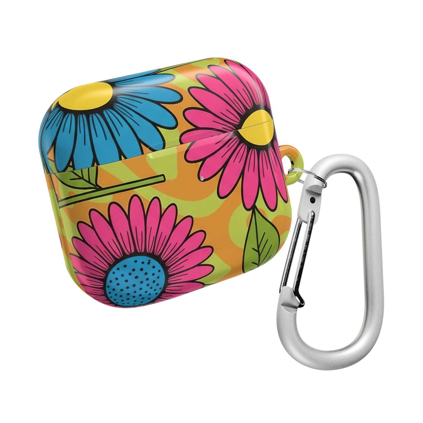 Love Child AirPod Case with colorful floral design and carabiner clip, slim glossy protective cover for AirPods