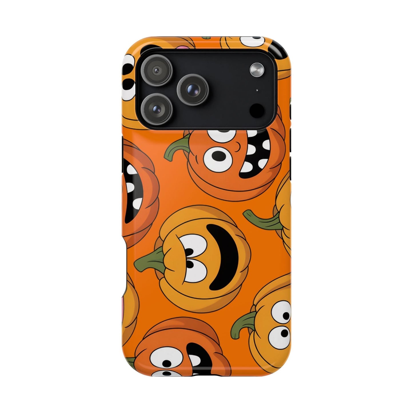 Moody Pumpkins Design iPhone case with vibrant orange spooky pumpkin pattern and durable protective build