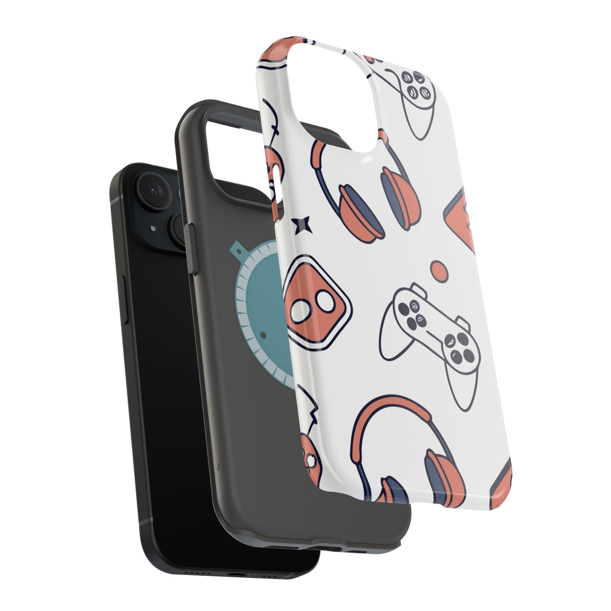 Gamer iPhone tough case with colorful gaming icons, durable polycarbonate and TPU design, MagSafe compatible.