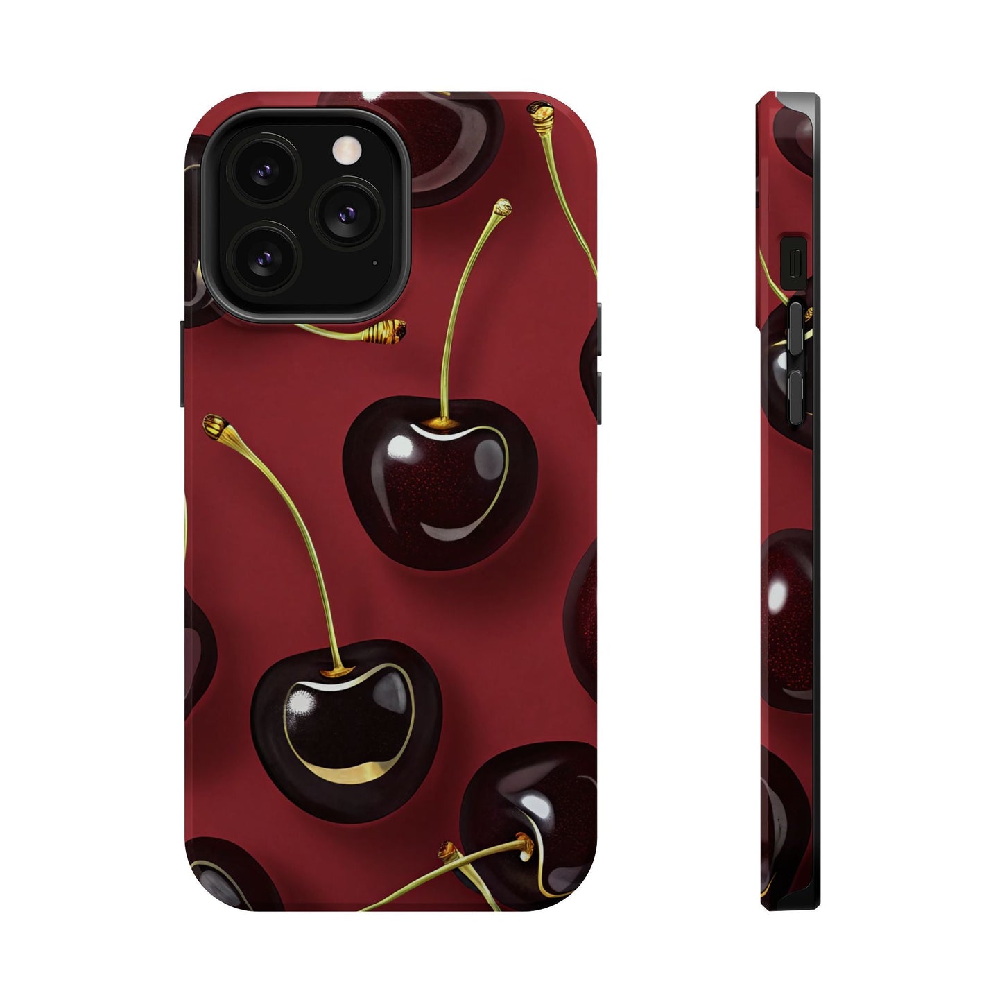 Cherry iPhone tough case with vibrant photo-realistic cherry design, durable dual-layer protection, and MagSafe compatibility.