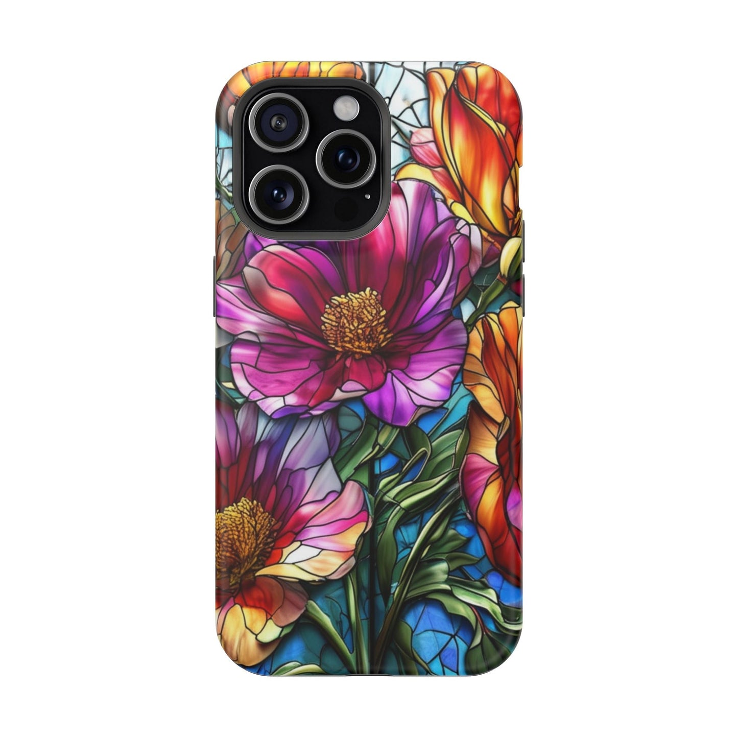 Vibrant purple flower iPhone case with durable polycarbonate and TPU liner, MagSafe compatible, glossy finish, for iPhone 17 series