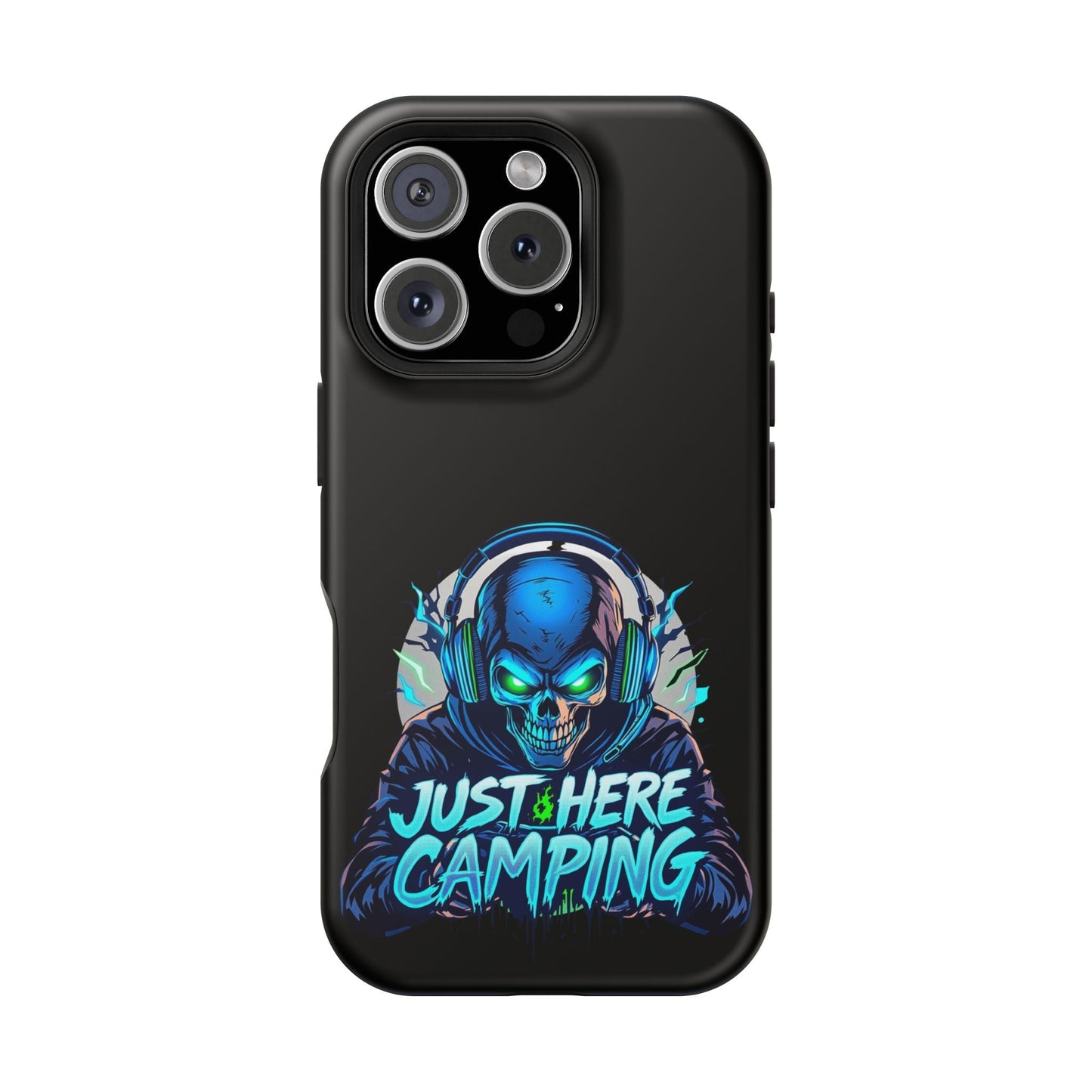 Black tough iPhone case with blue skull gamer design and "Just Here Camping" text, compatible with MagSafe accessories.