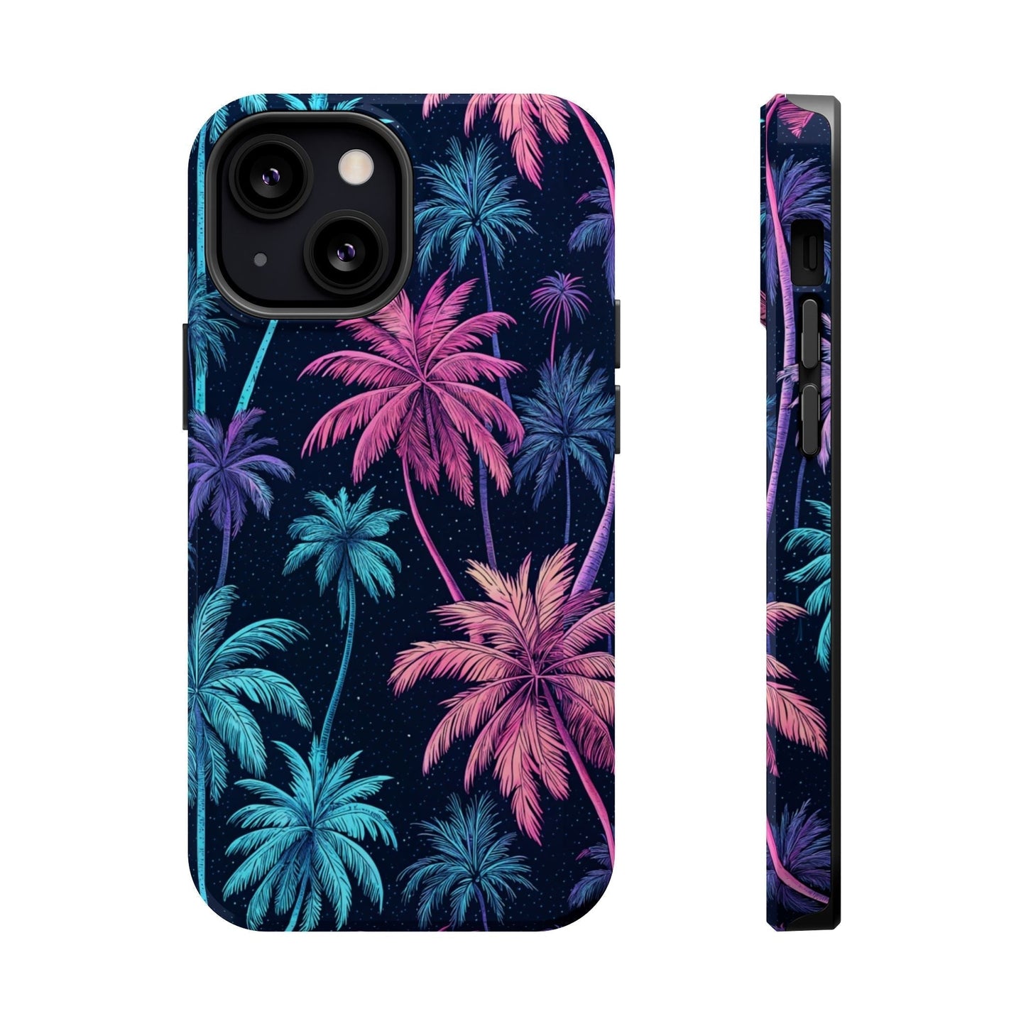 iPhone case with neon palm trees design in pink, blue, and purple on a dark background, compatible with MagSafe® and offering dual-layer protection.
