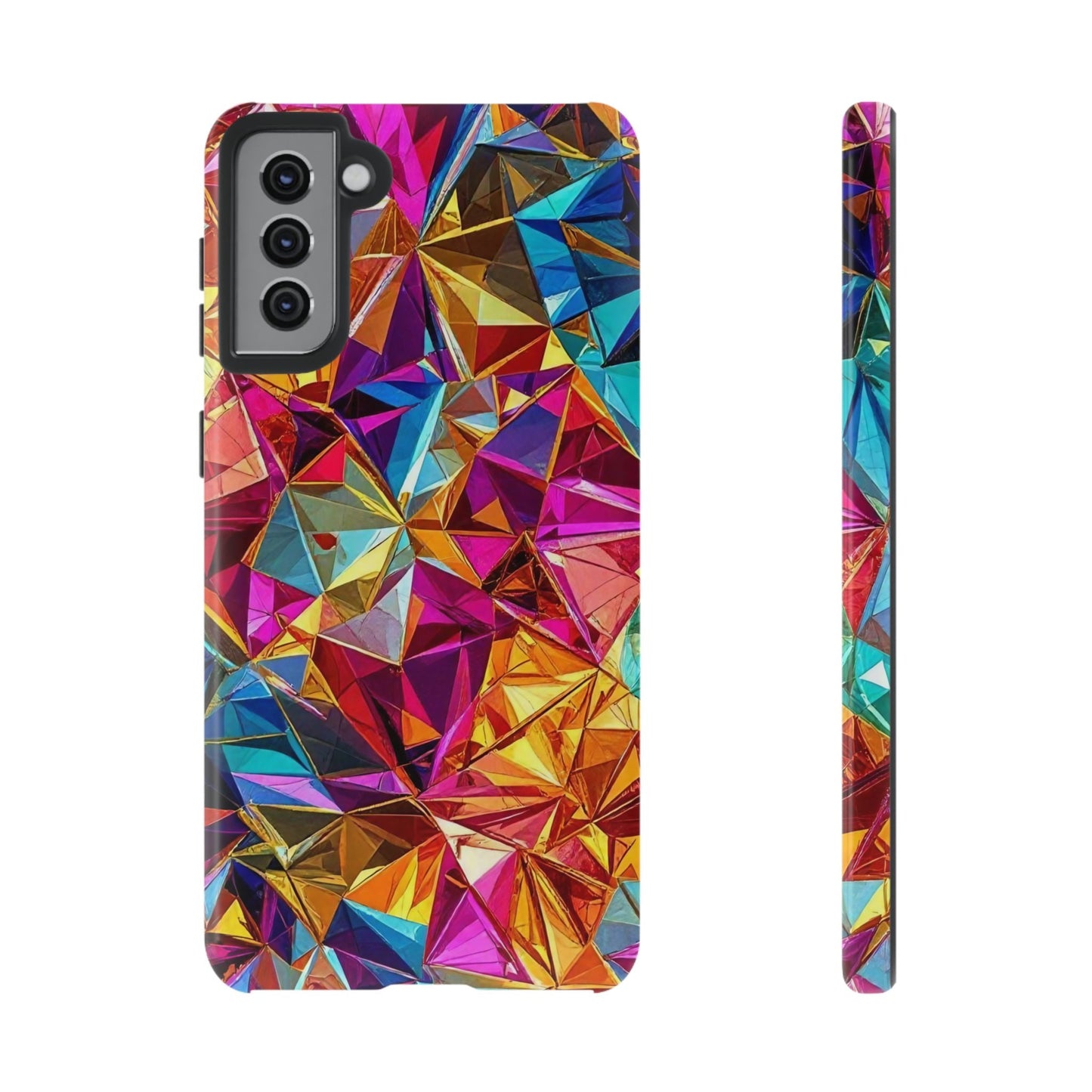 Rainbow foil Samsung phone case with vibrant geometric 3D design and durable impact protection