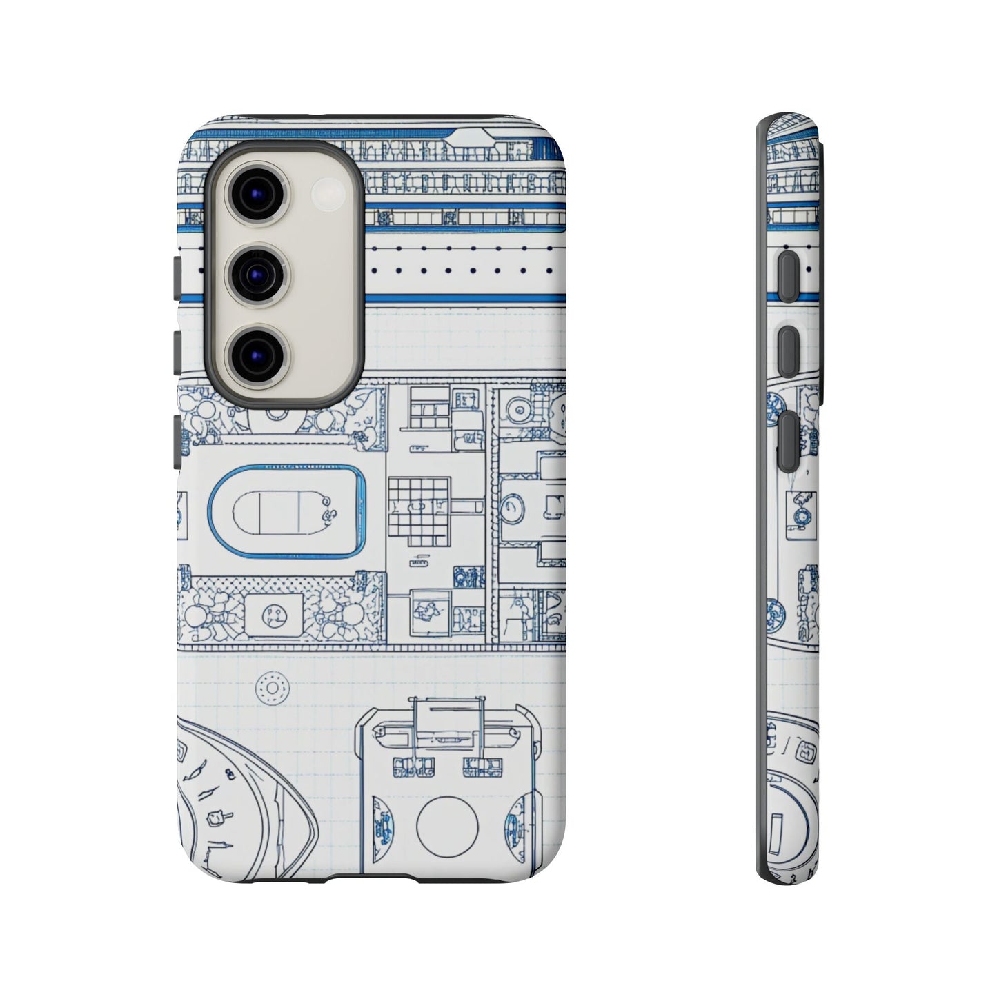 Samsung phone case with cruise ship blueprint design offering durable, shock-absorbing protection and UV resistance.