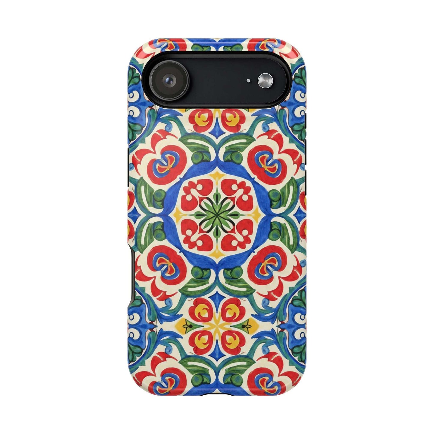 Mediterranean iPhone case with hand-painted Spanish ceramic-inspired folk tile pattern in vibrant blue, red, and green colors, impact-resistant and MagSafe compatible.
