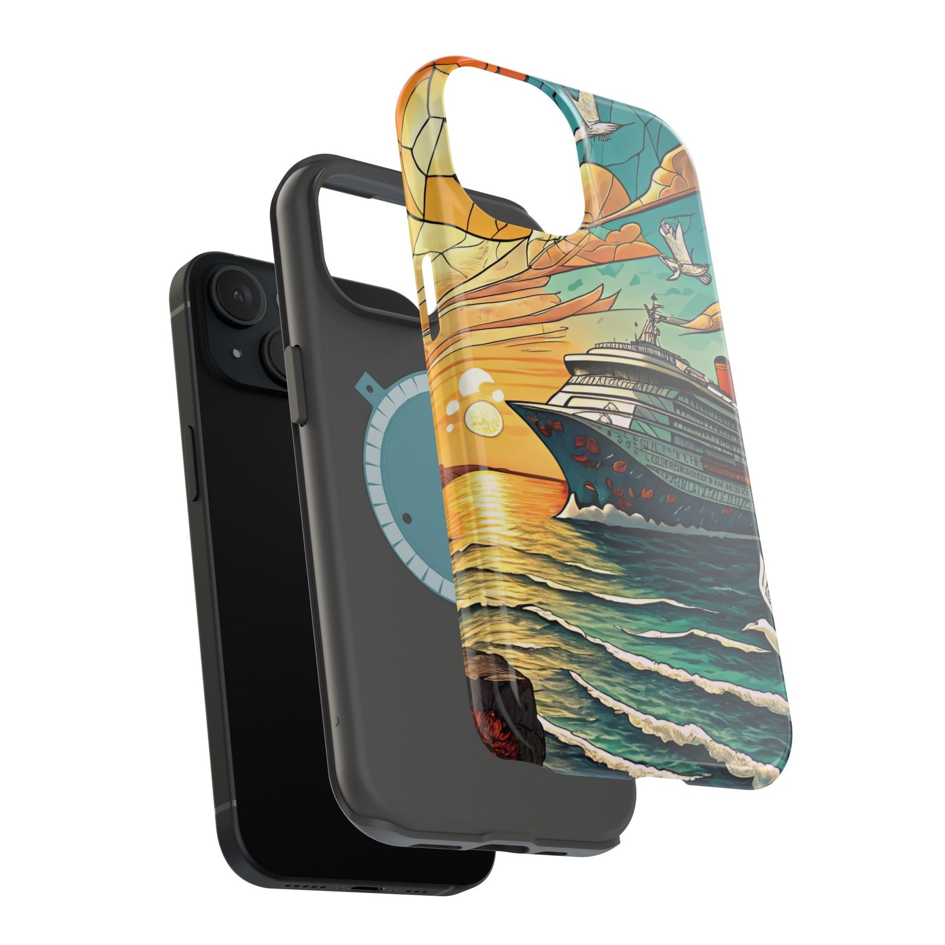 Cruise Vacation iPhone tough case with durable dual-layer protection and vibrant ocean-themed design featuring a cruise ship and sunset, compatible with MagSafe® accessories.