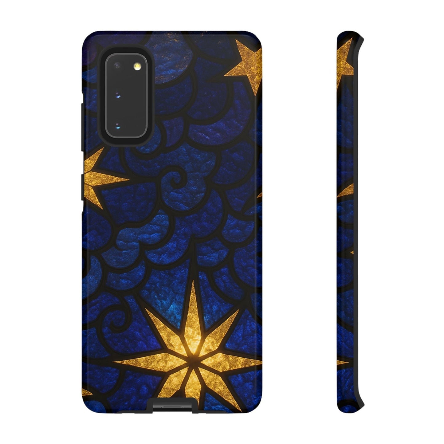 Golden Star Samsung phone case with blue textured background and vibrant gold star design, durable protective cover for Samsung Galaxy models