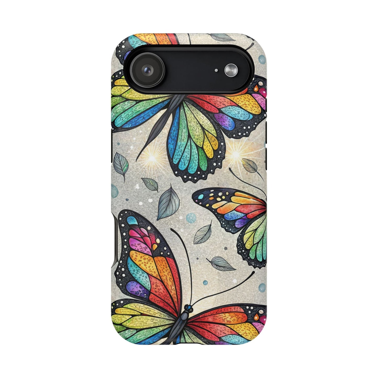 iPhone case with vibrant rainbow butterfly design and dual-layer protection