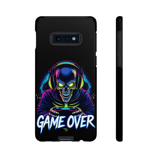 Game Over Design Samsung tough case with neon skull gamer graphic and impact-resistant protection for Galaxy phones