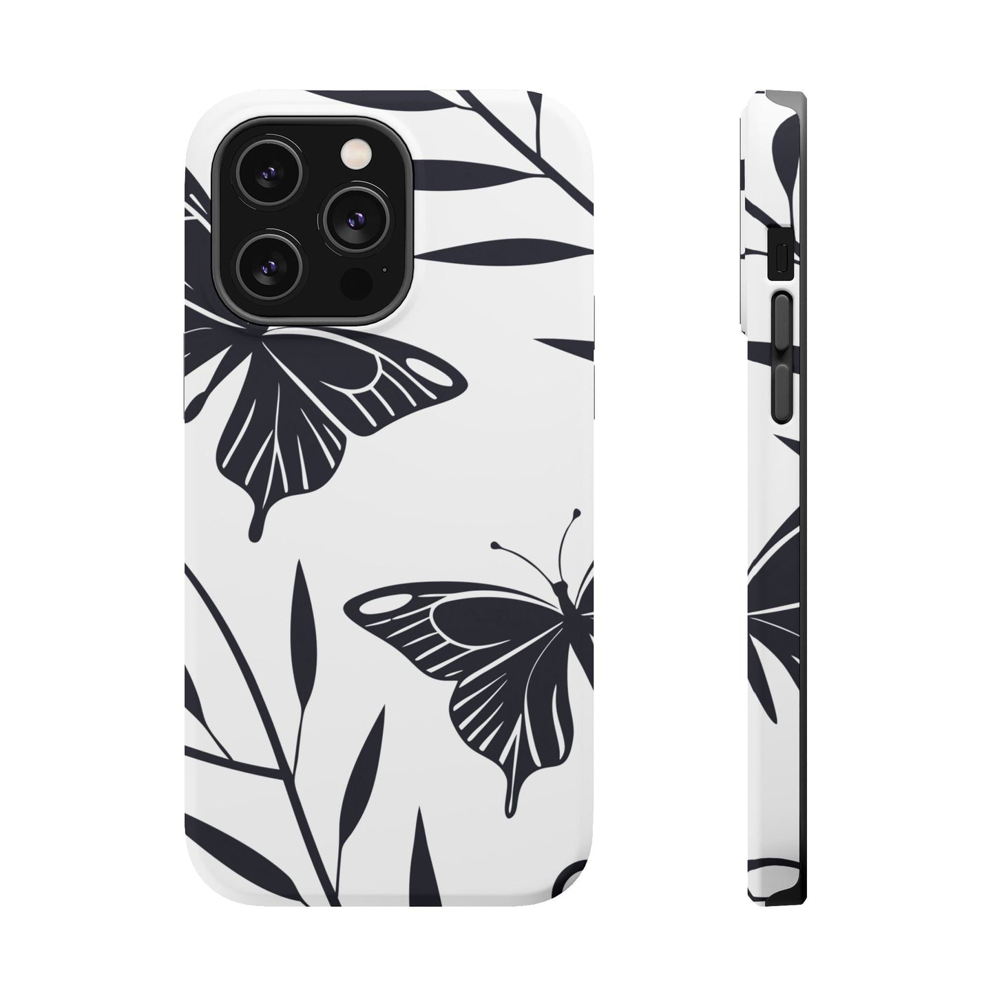 Black and white minimalist butterfly iPhone case with sleek dual-layer protection and MagSafe compatibility