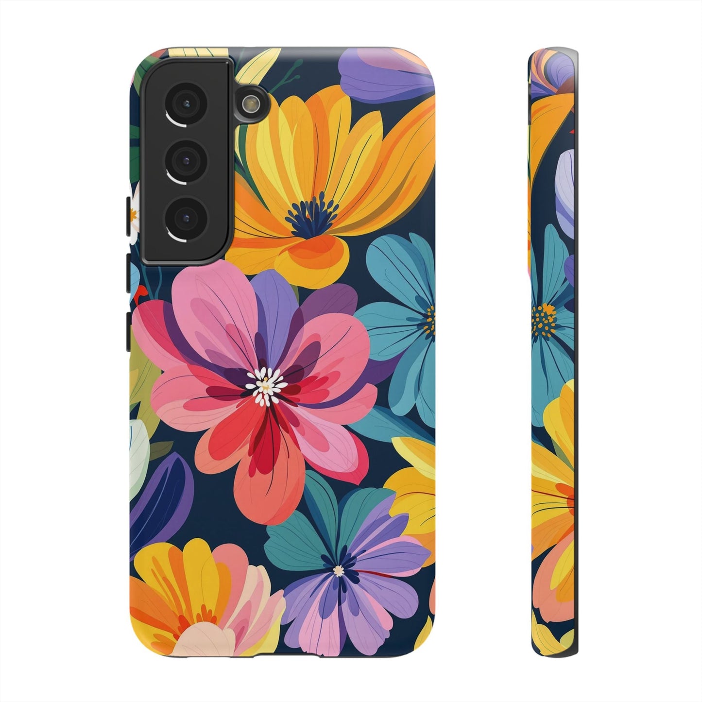 Colorful floral Samsung phone case with vibrant flower design and durable shock-absorbing silicone liner