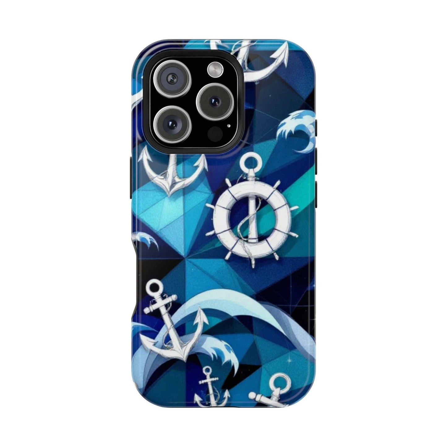 Nautical Anchors iPhone case with maritime design, durable dual-layer protection, and MagSafe compatibility in blue tones