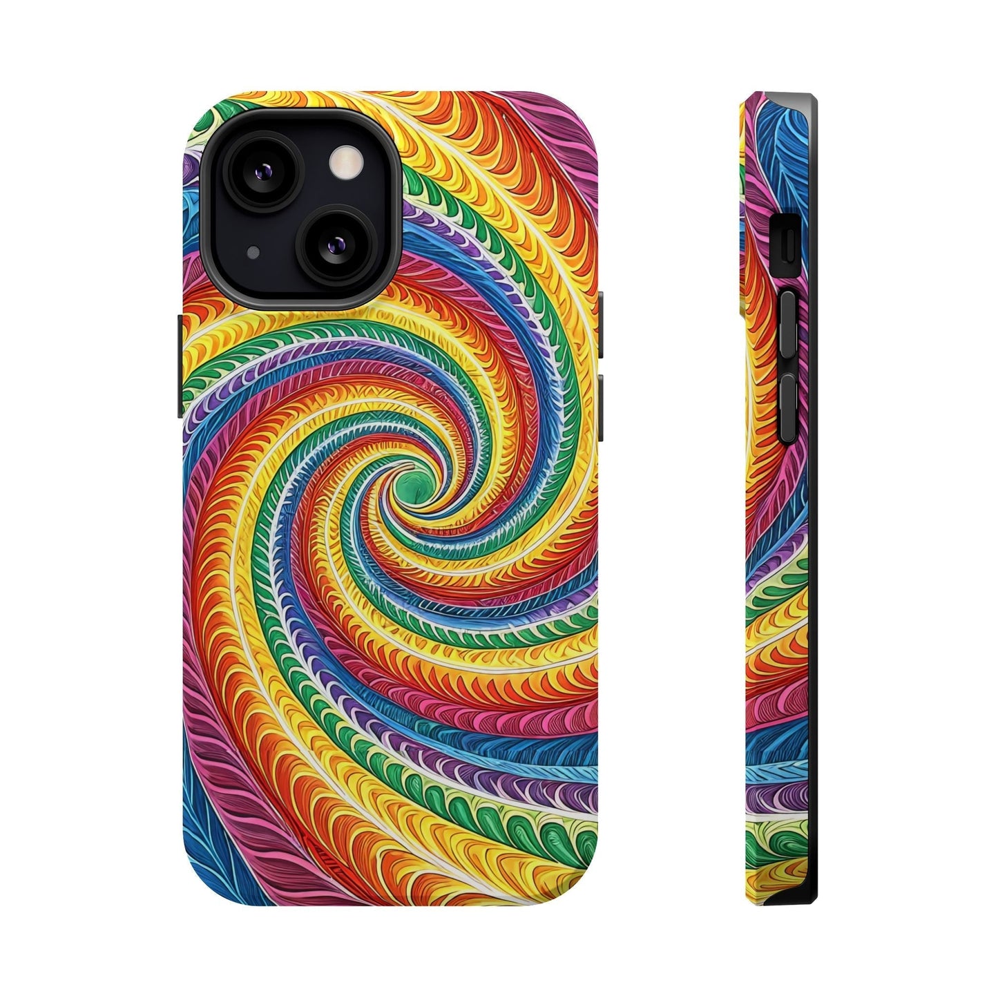 Colorful rainbow swirl iPhone tough case with dual-layer protection and MagSafe compatibility