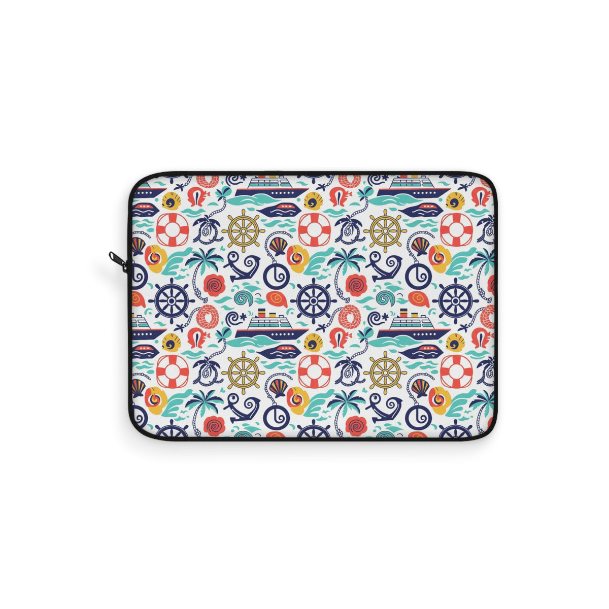 Laptop sleeve with a repeating pattern of nautical elements like ships, anchors, and life preservers.