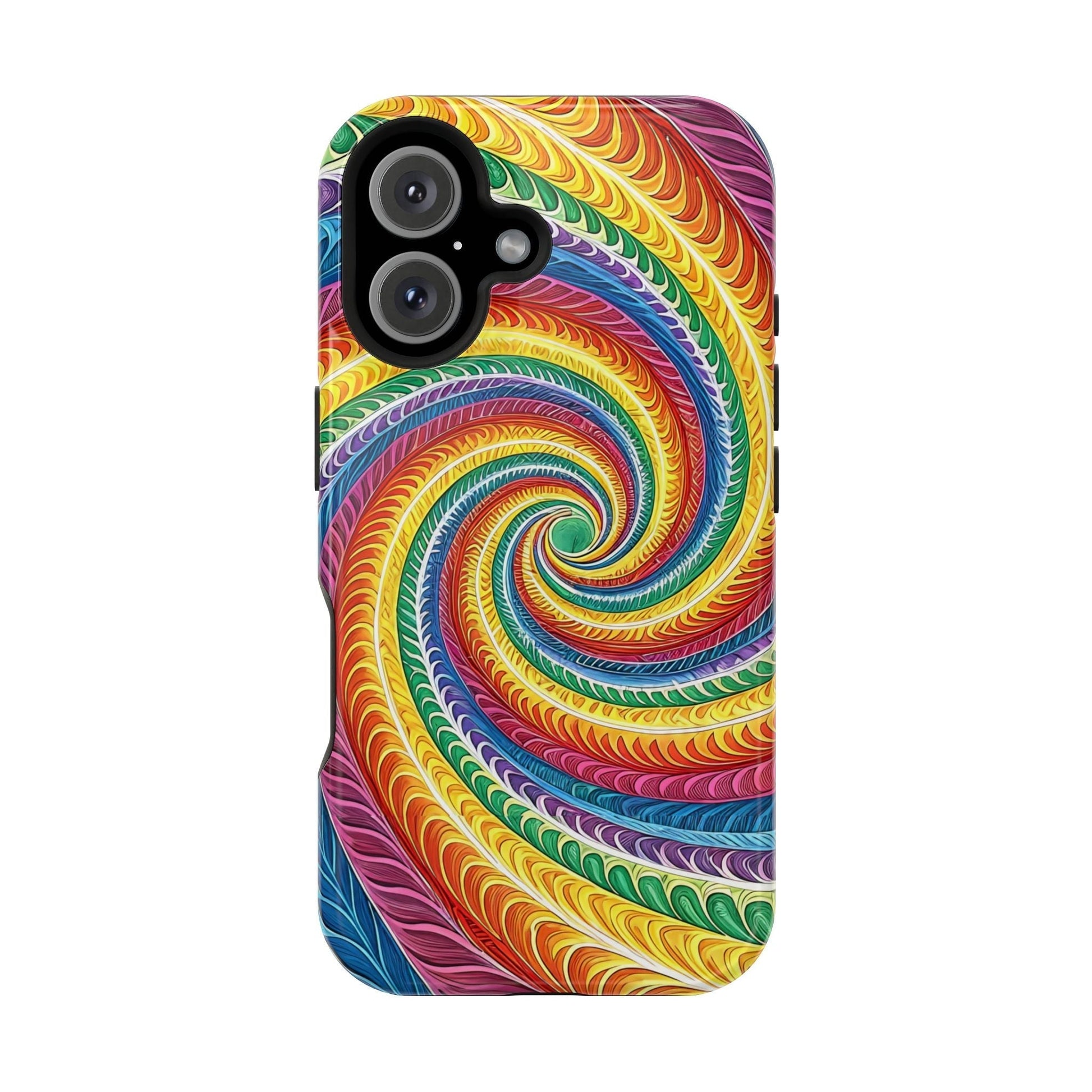 Rainbow swirl design iPhone tough case with vibrant colors and durable dual-layer protection, MagSafe compatible