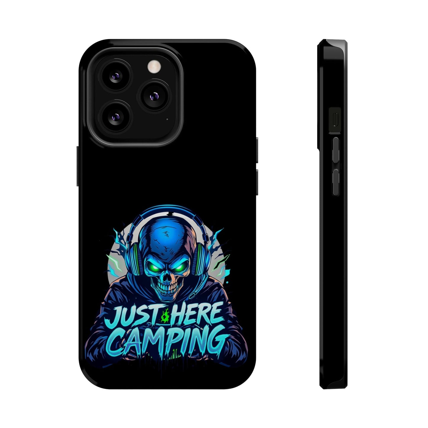 Black iPhone tough case with a vibrant blue skull gamer design and "Just Here Camping" text, featuring durable polycarbonate and TPU materials with MagSafe compatibility.