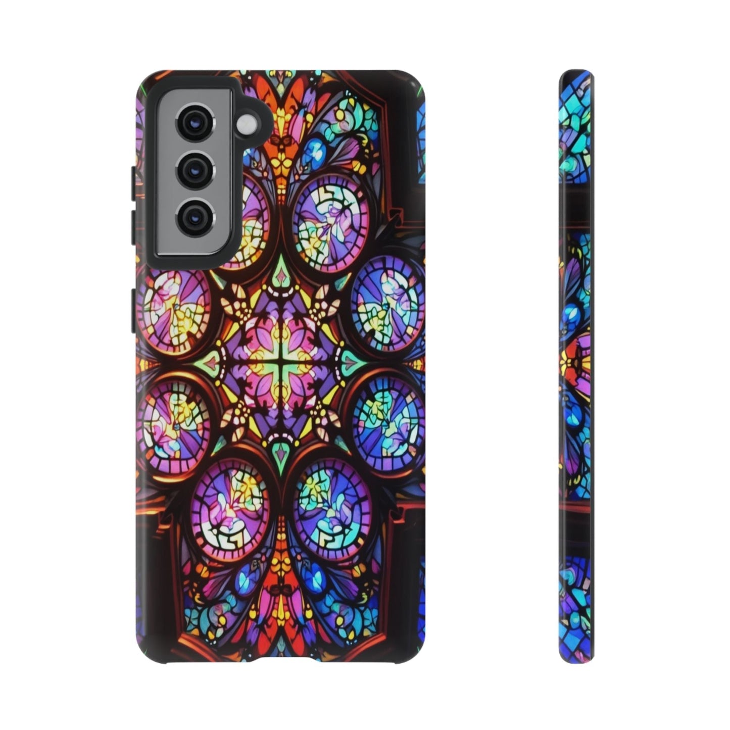 Samsung Galaxy phone case with colorful hypnotic stained glass design, durable and artistic protection