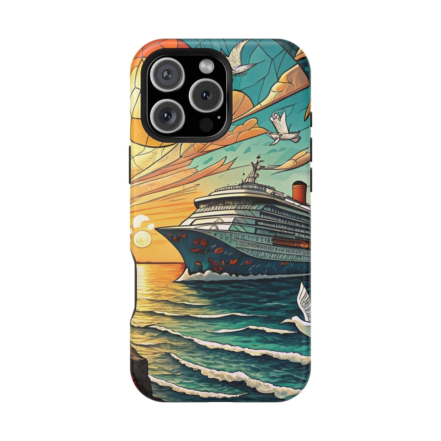 Cruise Vacation iPhone tough case with vibrant cruise ship and ocean sunset design, durable dual-layer protection with MagSafe support.