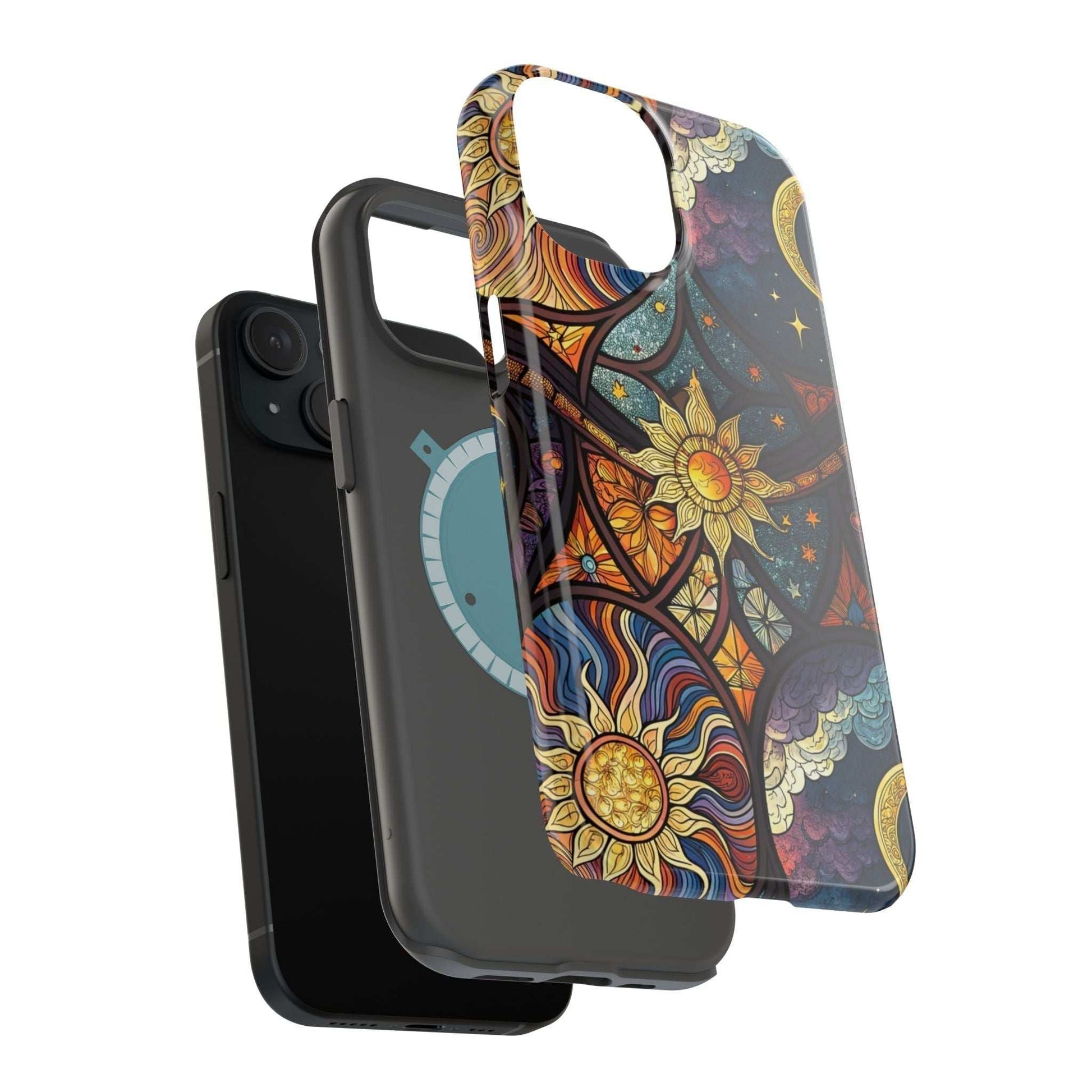 Sun and Moon iPhone Case with vibrant cosmic design and durable dual-layer protection for iPhone 13 to 16 series