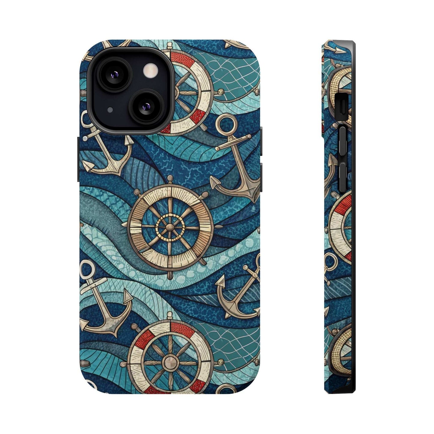 Nautical Theme iPhone case with anchors and ship wheels on blue waves, durable protective design for iPhone 13-16.