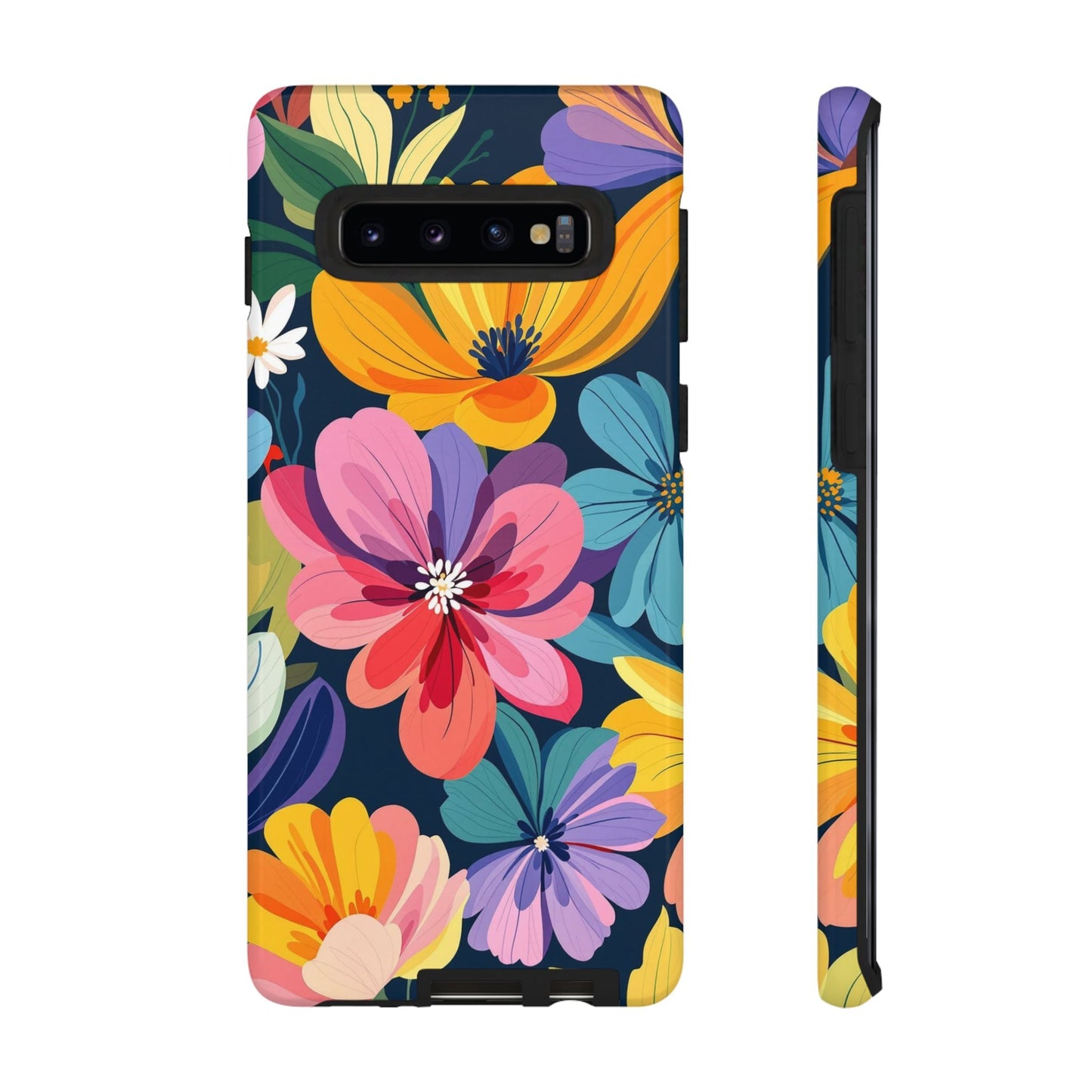 Colorful floral Samsung phone case with vibrant flower design and durable shock-absorbing protection