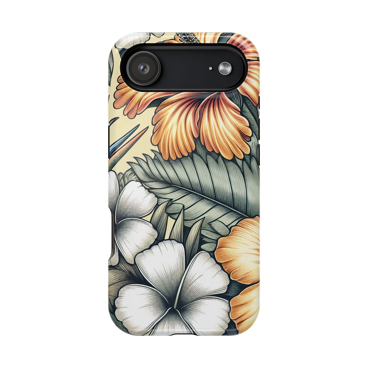 Golden Tropical Floral iPhone tough case with durable dual-layer protection and MagSafe compatibility