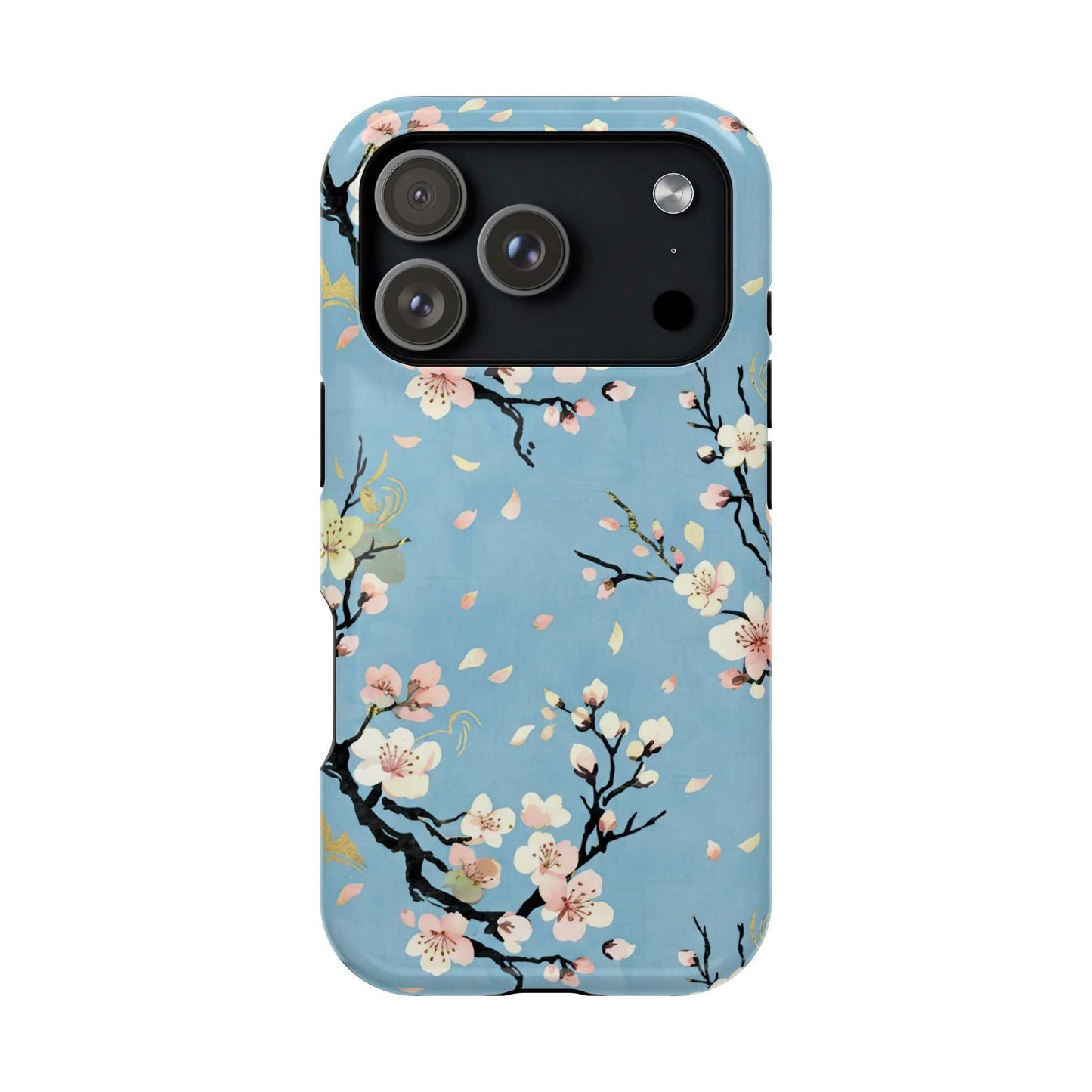 Spring Bloom iPhone Tough Case with floral design and MagSafe compatibility on blue background