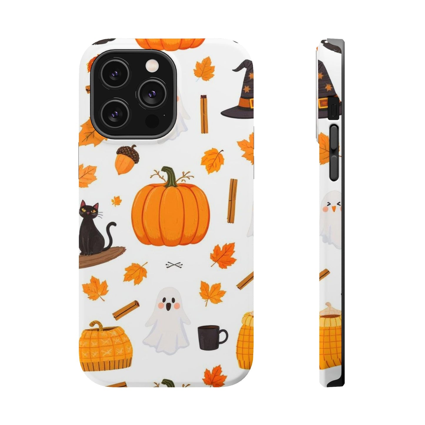 Halloween Pumpkins iPhone Case with festive pumpkins, ghosts, and autumn leaves design, durable polycarbonate shell and MagSafe compatible phone cover