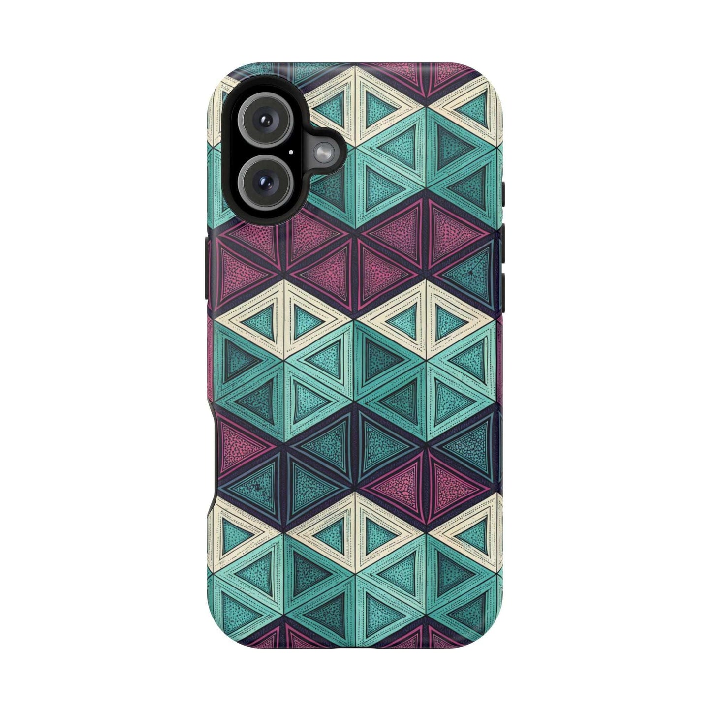 Purple and teal abstract geometric pattern iPhone tough case with MagSafe compatibility and dual-layer protection