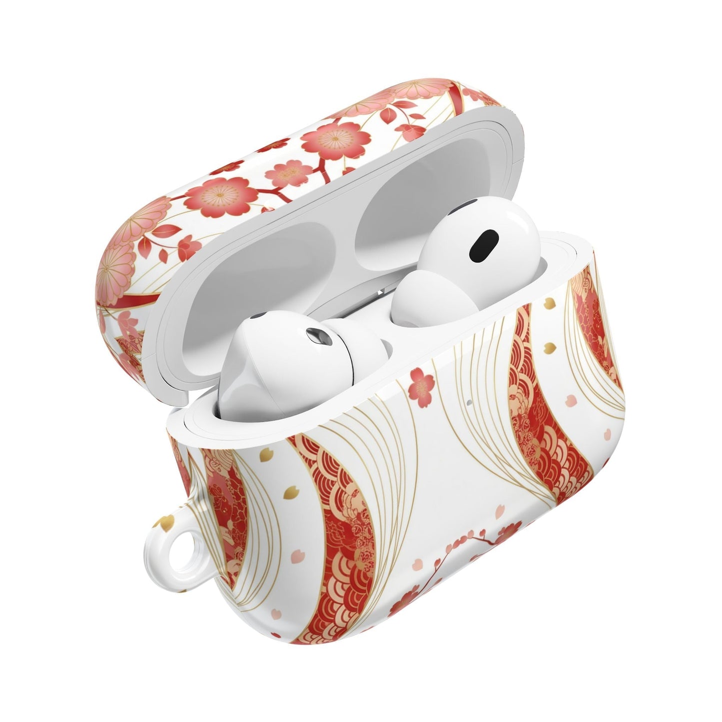 Red Golden Flower AirPod Case with floral design and carabiner, glossy finish and durable polycarbonate protection