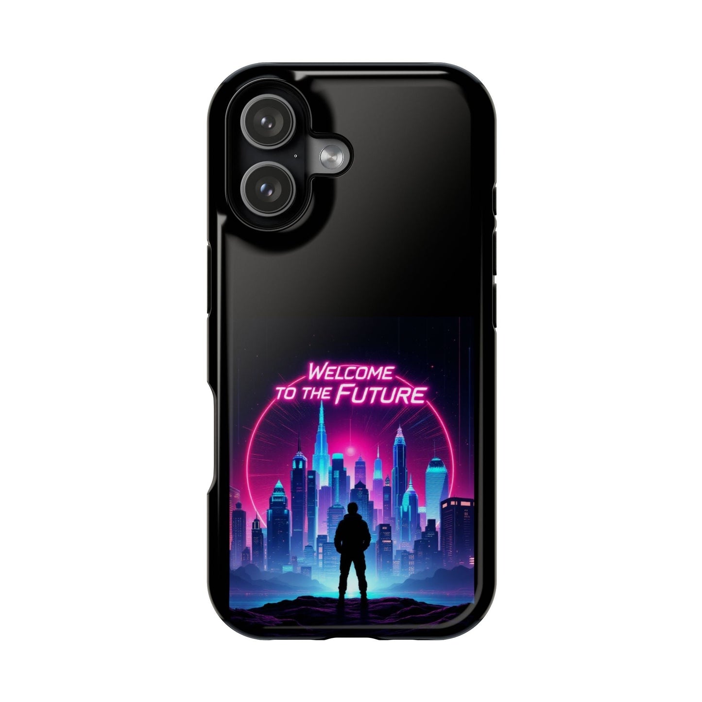 Futuristic Vibe iPhone Case with neon cityscape and "Welcome to the Future" text, durable MagSafe® tough design