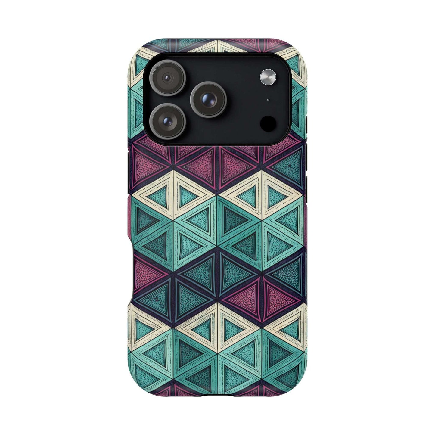 Purple and Teal Abstract magnetic tough iPhone case with geometric pattern and MagSafe compatibility